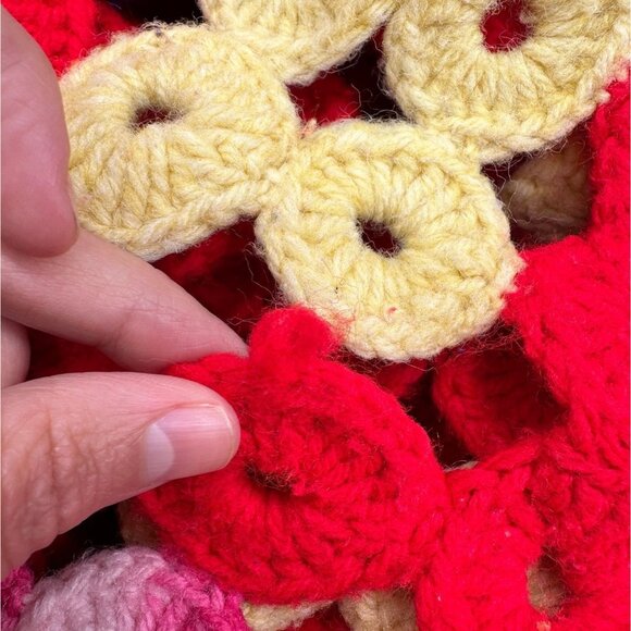 Vintage Afghan Crocheted Blanket Throw Red Rainbow Rings Handmade Retro Granny - Picture 6 of 8